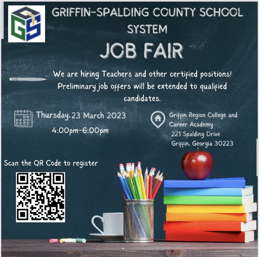 @GriffinSpalding is now #Hiring! The annual Spring Job Fair will be March 23, 2023, 4pm to 6pm @ the Griffin Region College and Career Academy. Register to attend using the QR code or at tinyurl.com/2p95csy3   #HiringTeachers🍎#DistinctiveBrand #StrongLeaders #GreatSchools