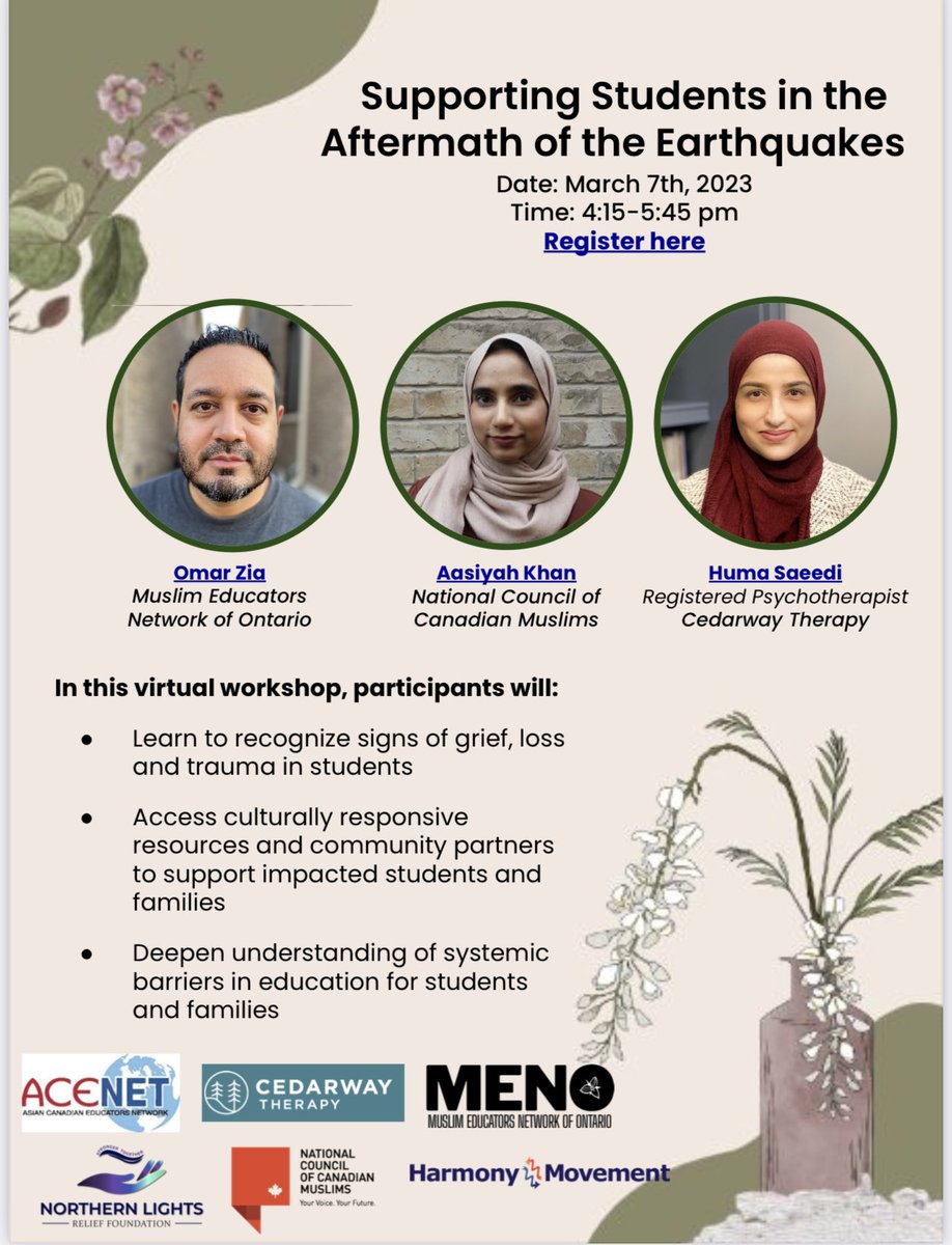 Attention All Educators:

Supporting Students in the Aftermath of the Earthquakes:

Register ➡️ eventbrite.ca/e/supporting-s… ⁦<a href="/NccmEducate/">NCCMEducate</a>⁩ ⁦<a href="/yrdsbinclusion/">ISCS YRDSB 🏳️‍🌈</a>⁩ ⁦<a href="/AEMSyr/">Alliance of Educators for Muslim Students | AEMS</a>⁩ #mentalhealth #studentwellbeing #culturallyresponsiveeducation