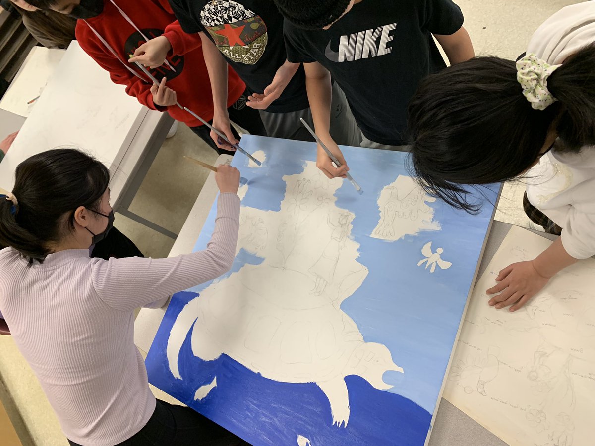 Ahsennase's tweet photo. Some of my grade 8 students at @ButtonvillePS @YRDSB 

We’re getting down to painting illustrations based on a Kanien’keha:ka (Mohawk) oral story

Gave a short painting lesson today. Very pleased that students are not using the “scrubbing the floor” or “wax on, wax off” technique https://t.co/RLuFvpMsH0