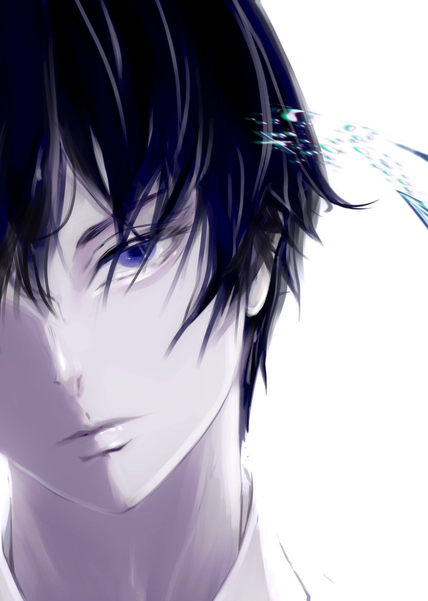 solo 1boy male focus white background black hair looking at viewer blue eyes  illustration images