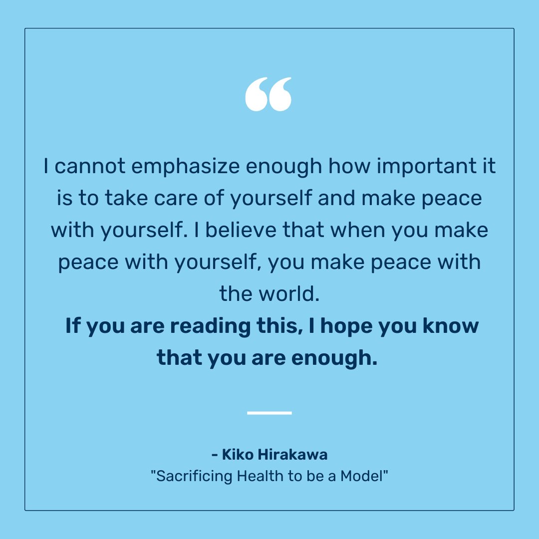 NEDAstaff's tweet image. Today on the NEDA Blog, Kiko Hirakawa discusses sacrificing health to be a model.
Read the full blog post here: nationaleatingdisorders.org/blog/sacrifici…

#EDAW #EDAW2023 #ItsTimeForChange #NEDA