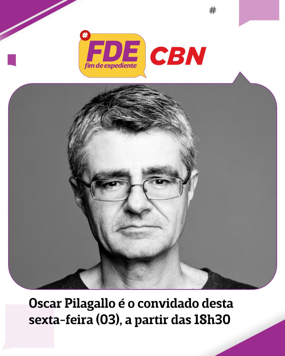 CBNoficial's tweet photo. FIM DE EXPEDIENTE I Nesta sexta-feira (03), a partir das 18h30, Dan Stulbach, Teco Medina e Zé Godoy recebem o escritor Oscar Pilagallo.
Você pode acompanhar o Fim de Expediente pelo site, aplicativo, Youtube ou Facebook da CBN.
📸 Reprodução/Redes sociais
#NoArNaCBN #FDECBN https://t.co/SmxJfYAQAd