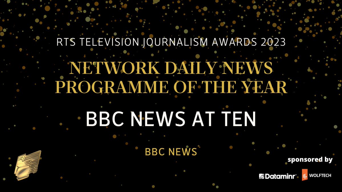 This year’s Network Daily News Programme of the Year goes to BBC News at Ten for “its consistently high standard of reporting from an outstanding team of correspondents, on location and in its new studio” – congratulations to the @bbcnews team #RTSAwards