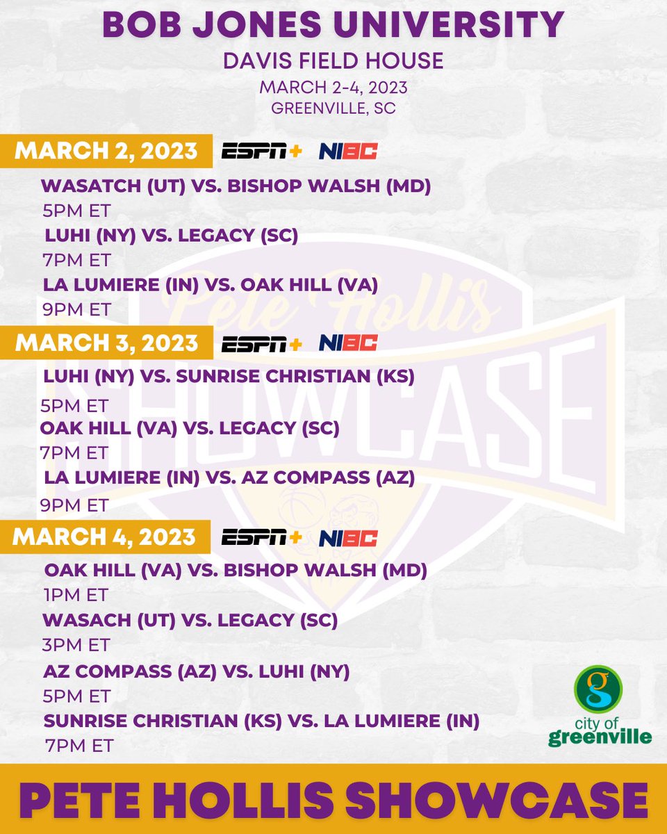 The final weekend of @NIBCOfficial regular season play kicks off tomorrow from Greenville, SC. Oak Hill, AZ Compass, Sunrise Christian, LuHi, La Lumiere, Wasatch, Legacy and Bishop Walsh will all play AT LEAST 2 games this weekend. Some major GEICO implications for a few teams.