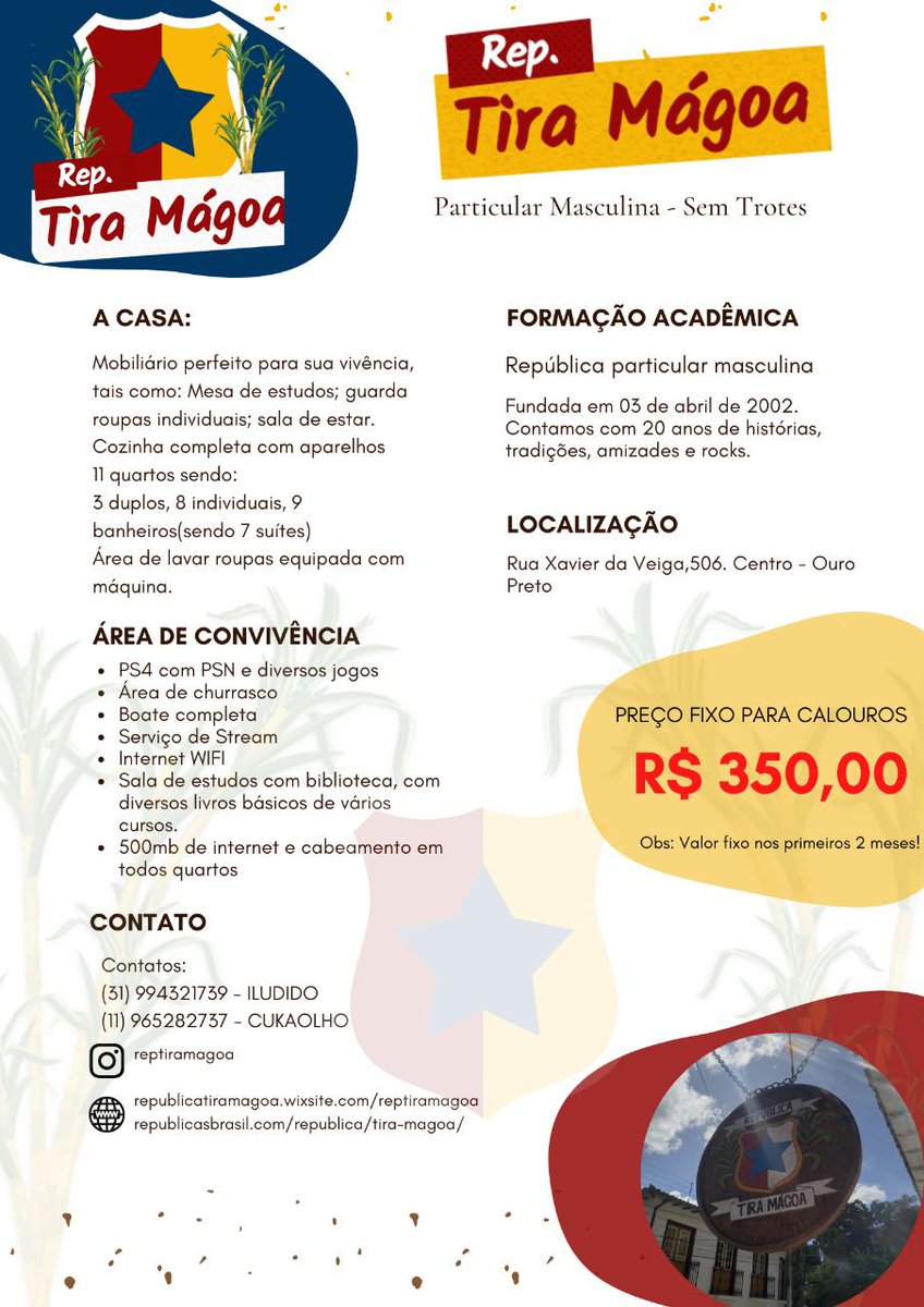 Vitorhco17's tweet photo. @victorgrios1 Ei Calouro! Passou na UFOP e não sabe onde morar? A Republica Particular Tira Mágoa oferece vaga para calouros de todos os curso! Venha nos conhecer @reptiramagoa 
#SISU #UFOP https://t.co/5D9aEUhQq9