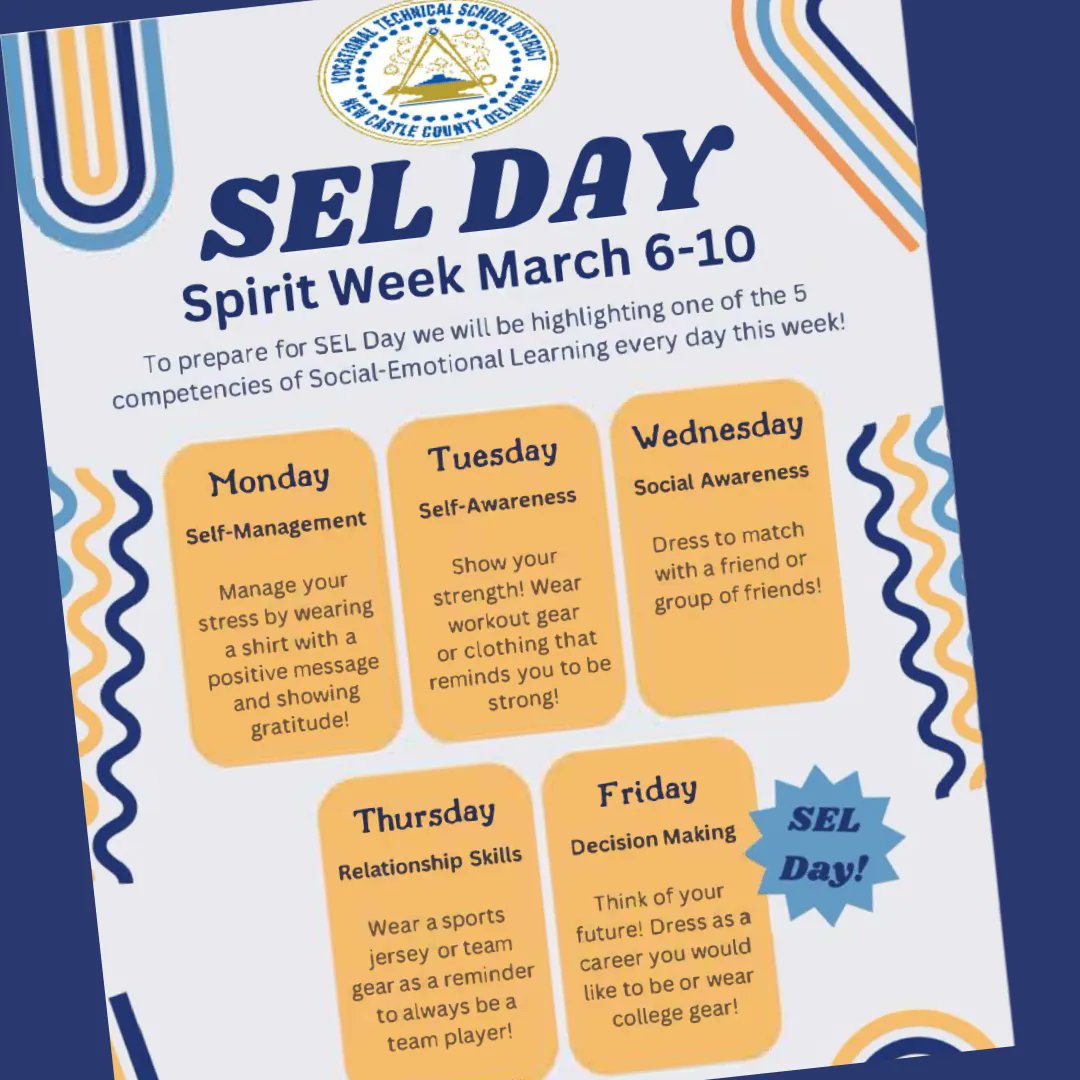 Did you know March 6-10 is SEL Spirit Week at the 'Castle? Help celebrate SEL (Social-Emotional Learning) at Delcastle and join us in some fun Spirit Week days! #NCCVTworks @drcomegys @Supt_Jones #EmpowerCougars #SELStrong #CougarsCan #SELGoals 😁💪🧑‍🤝‍🧑⚽💭