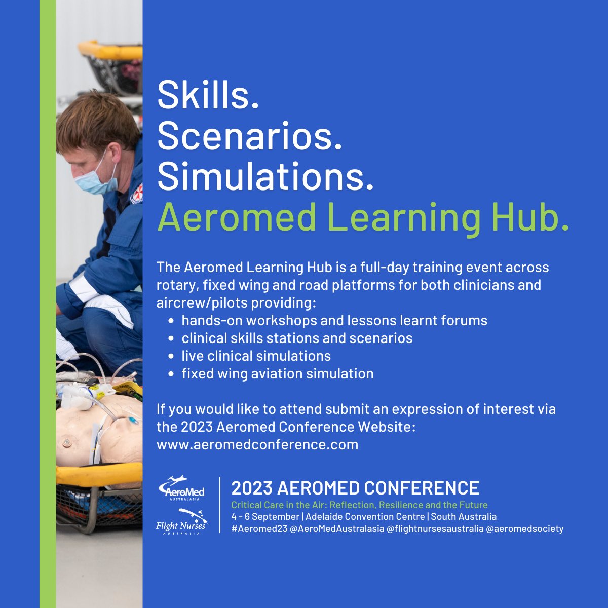 Aeromedical Society of Australasia (@aeromedsociety) on Twitter photo Thrilled to launch the #Aeromed23 Learning Hub, in partnership with @royalflyingdoc ADL + <a href="/SA_Ambulance/">SA Ambulance Service</a>/<a href="/MedSTAR_SA/">MedSTAR Retrieval SA</a> RRAS bases!
It’s subject to numbers, so please click below NOW to submit an expression of interest so we can lock in options (& please R/T)
aeromedconference.com/aeromed-learni… Thrilled to launch the #Aeromed23 Learning Hub, in partnership with @royalflyingdoc ADL + <a href="/SA_Ambulance/">SA Ambulance Service</a>/<a href="/MedSTAR_SA/">MedSTAR Retrieval SA</a> RRAS bases!
It’s subject to numbers, so please click below NOW to submit an expression of interest so we can lock in options (& please R/T)
aeromedconference.com/aeromed-learni…