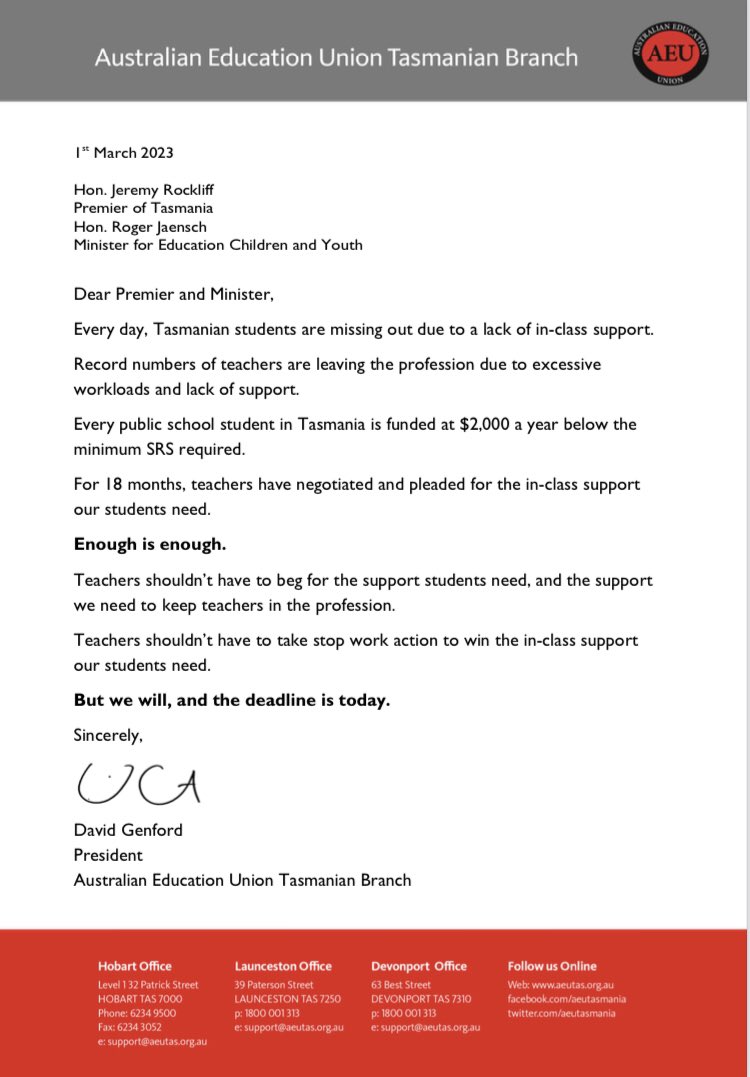 aeutasmania's tweet photo. Students are missing out, teachers are burning out. Open letter to Premier Rockliff and Minister Jaensch: “Teachers shouldn’t have to take stop work action to win the in-class support our students need.
But we will, and the deadline is today.”
#politas #LiftingLearning https://t.co/0t7bGvIb3P