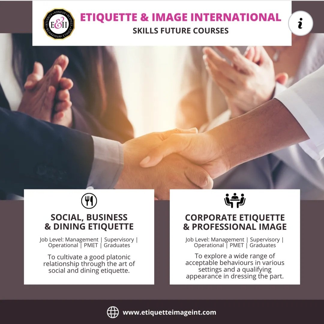 EtiqImage's tweet photo. ♡ Our Skills Future-approved One-Day courses:
☆ Social, Business, and Dining Etiquette will help you enhance your personal and professional life. 
☆ CorporateEtiquetteand Business Image
#ProfessionalImage #SocialAndDiningEtiquette #BusinessEtiquette #Etiquetteimageint https://t.co/lmRpA66G8g