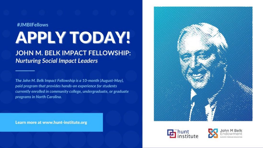 🚨The deadline to apply for the John M. Belk Impact Fellowship program is quickly approaching!🚨 

Apply by March 31 to be considered for this paid, 10-month opportunity. 
<a href="/Hunt_Institute/">The Hunt Institute</a> <a href="/BelkEndowment/">The John M. Belk Endowment</a> 

Learn more and apply here: ow.ly/N4wr50MiExK

#LeadershipDevelopment