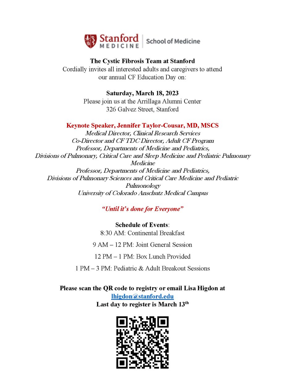 CF Education Day, Saturday, March 18th.  Scan QR code below to register.