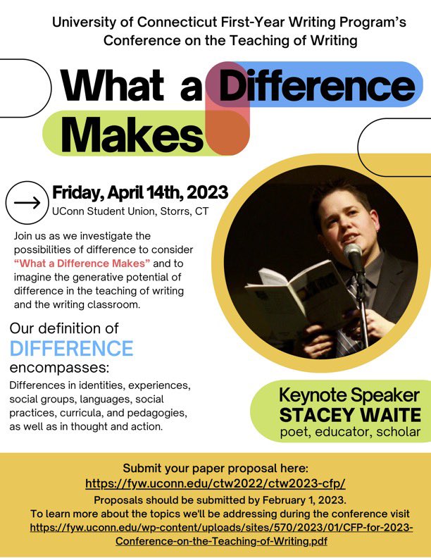 D. Brown (@dbrown8877) on Twitter photo Elated to announce that my proposal “Decolonization and Differentiation of the Writing Classroom: Creating Space for Decolonial Theory, Tools, and Methods to Improve Student Experience,” was accepted to <a href="/UConnFYW/">UConn FYW Program</a> Conference on the Teaching of Writing! Representing <a href="/TAMUSanAntonio/">Texas A&M University-San Antonio</a> Elated to announce that my proposal “Decolonization and Differentiation of the Writing Classroom: Creating Space for Decolonial Theory, Tools, and Methods to Improve Student Experience,” was accepted to <a href="/UConnFYW/">UConn FYW Program</a> Conference on the Teaching of Writing! Representing <a href="/TAMUSanAntonio/">Texas A&M University-San Antonio</a>