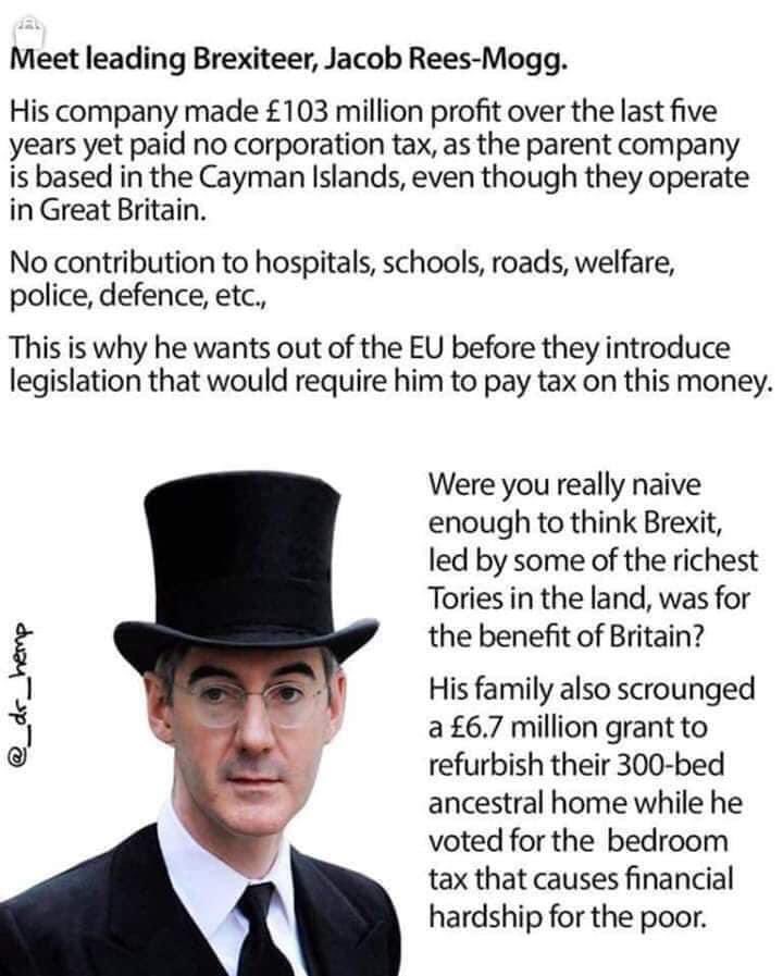 MEET Jacob Rees-Mogg 

His company made £103 million profit over the last 5 years yet paid NO corporation tax, as the parent company is based in the Cayman Islands, even though they operate in Great Britain.

#TaxDodger #BrexitReality