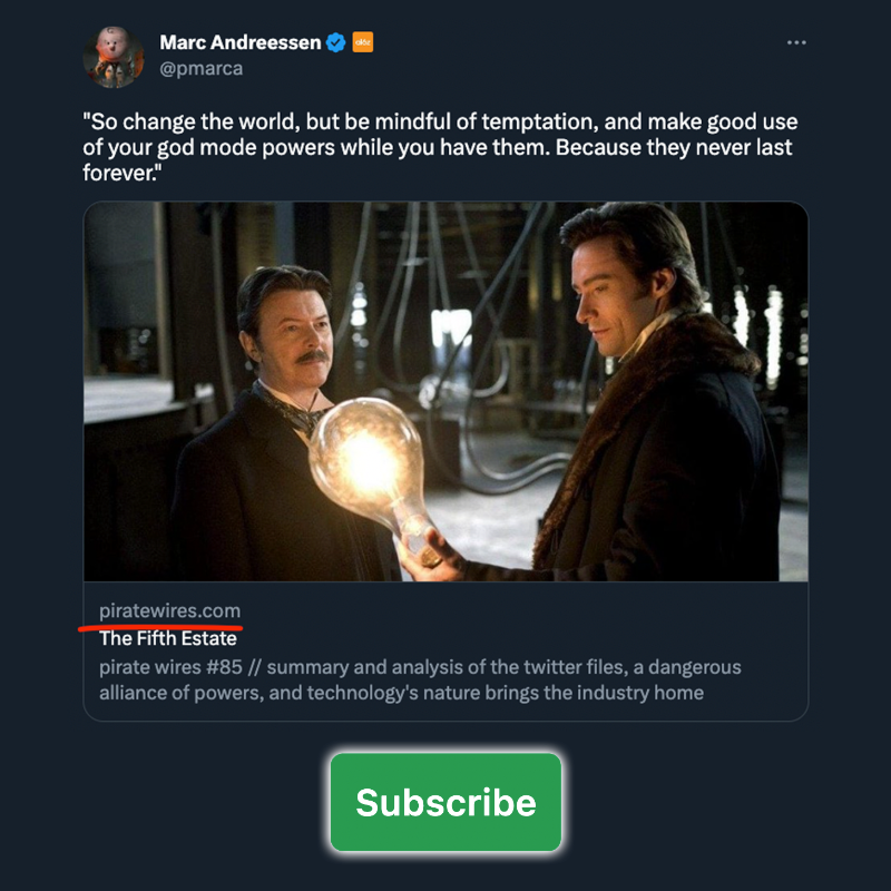 PirateWires's tweet photo. Some of the biggest names in tech are reading and recommending Pirate Wires. Join them and subscribe for free today.