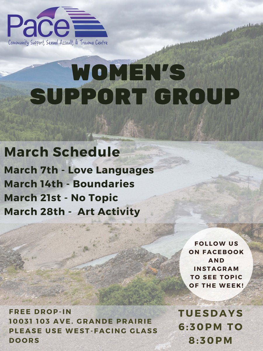 PACECentreGP's tweet photo. Come to our FREE drop-in Women’s Support Group in Grande Prairie, Alberta. Please use West-Facing Doors. Tuesday evenings: 6:30pm-8:30pm https://t.co/7OsJ9HuZ3s