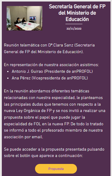 ANPROFOL's tweet image. ➡️Proyecto RD ordenación FP

📅12/22 #AnProFOL planteó una propuesta a instancias de la Secretaría General FP  con las aportaciones de l@s asociad@s anprofol.com/reuniones
📅 02/23 propuesta Ministerio bit.ly/3knQdHg

Plazo alegaciones 9/03

Seguimos luchando por la #FP