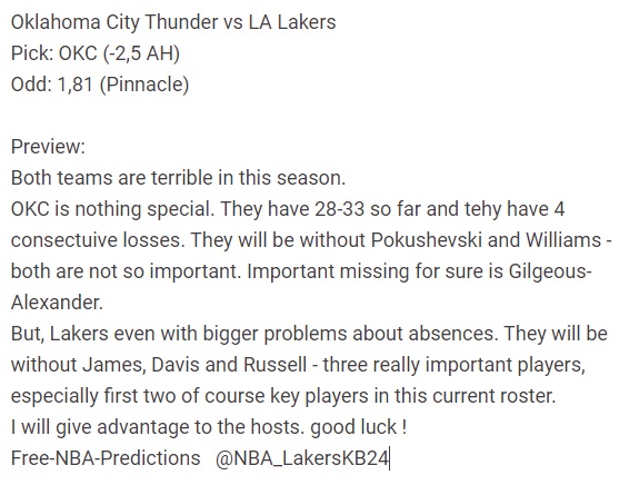 Oklahoma City Thunder vs LA Lakers
Pick: OKC (-2,5 AH)
Odd: 1,81 (Pinnacle)