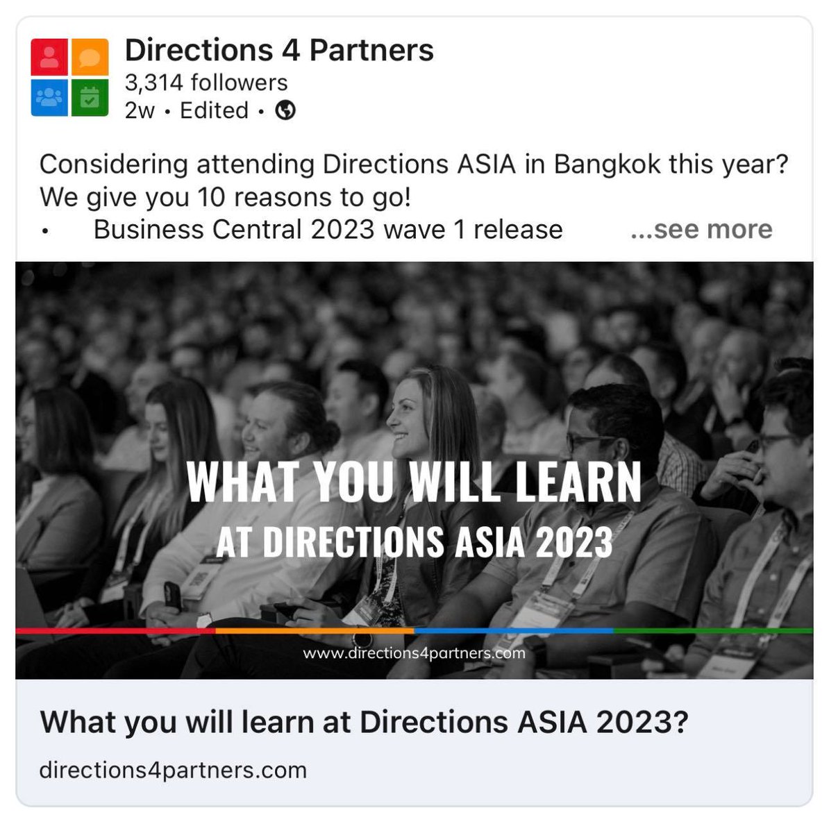 I didn't realize I was in the cover photo until a colleague mentioned it. No option now. I have to attend the Directions Asia conference for sure! 
See you all there!
#DirectionsAsia #Directions4Partners #MSDyn365BC