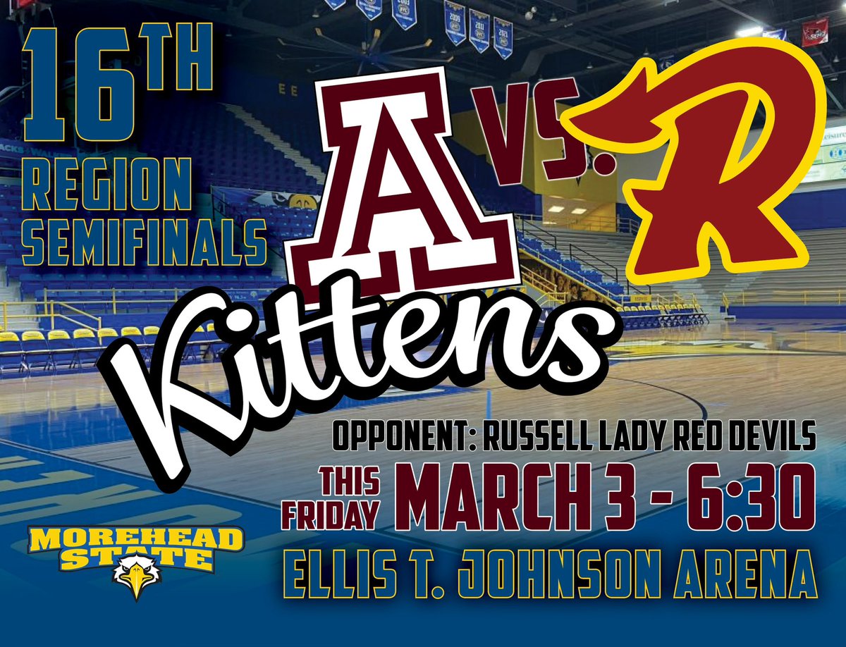 Mark it down! FRIDAY MARCH 3rd @ 6:30
Grab your loved one for a date night. Grab your friends for a road trip. Head down 64 to cheer on these ladies as they play Russell in the Semi-Finals of the 16th Region Tourney 
#WeAreAshland #RepTheA #kittenbasketball #sisterhood #hornsdown