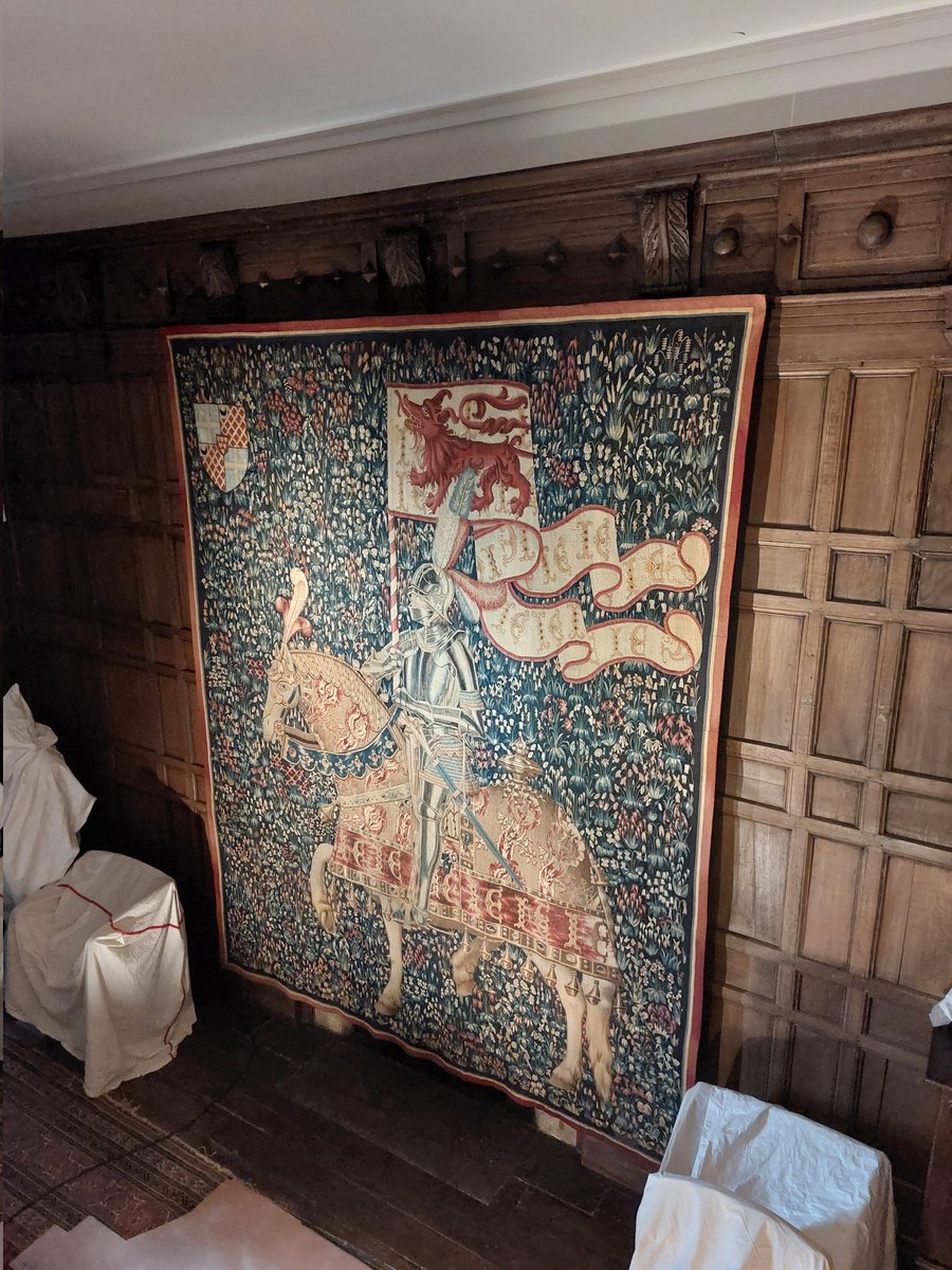 Museum_Rachel's tweet photo. A different view of the Tournai tapestry at work today...there are definitely perks to working from scaffolding #Museums #conservation #winterclean https://t.co/cSWgpO30U8