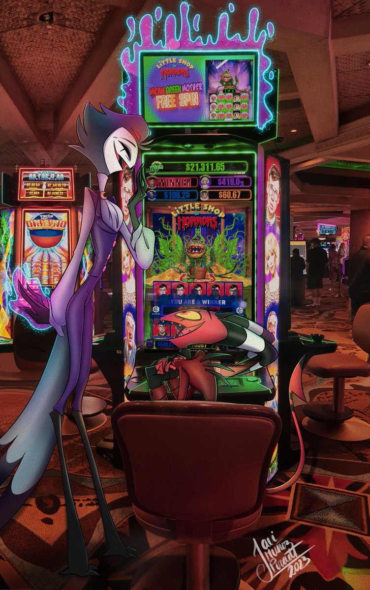 Here’s another pic!
Apparently after strolling down the Boulevard, they went to try their luck in a Casino🎰🎰
Hmmm...it seems Stolas is using his magic on the slot…isn’t that cheating?🤨🤨Blitzo doesn’t seem to realize 🤭🤭💕
#Stolitz #Stolas #Blitzo #blitzoxstolas #HelluvaBoss