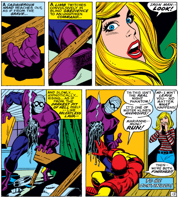 MarvelADay's tweet photo. #MarvelADay #IM44 I don't know the details, but apparently IRON MAN was nearly canceled or combined with with Daredevil at this point. Issues #44-46 were bimonthly. This issue may have been produced in a hurry, resulting in a 13-page lead story with a surprise back-up. - JRW https://t.co/dbeGnQUeFw