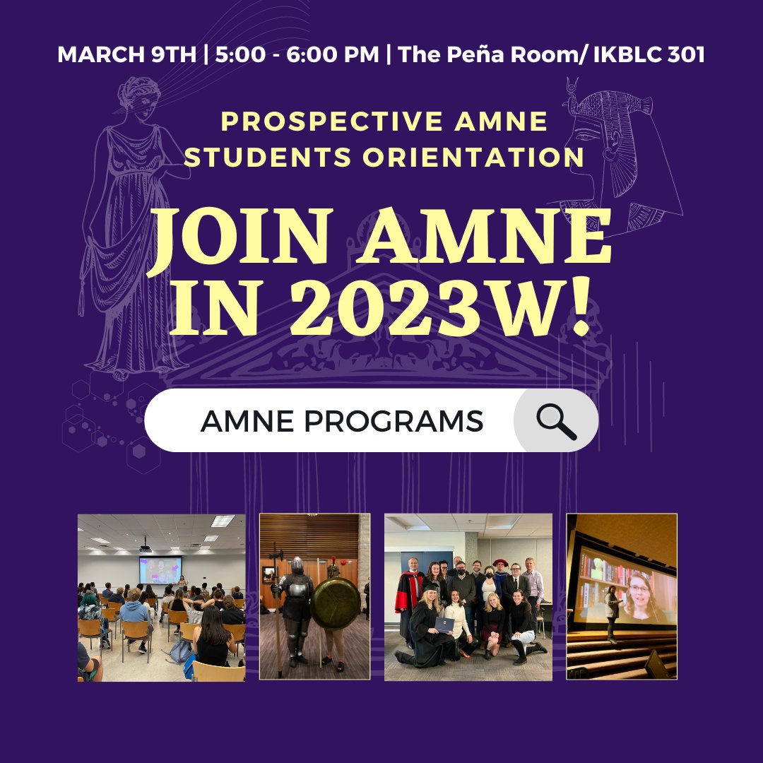 Looking for a major or minor program? 🧐 Join us for the Prospective AMNE Students Orientation and find out more about our programs and the various unique opportunities offered through the AMNE department. When: March 9th, 5:00 - 6:00pm Where: the Peña Room/IKBLC 301