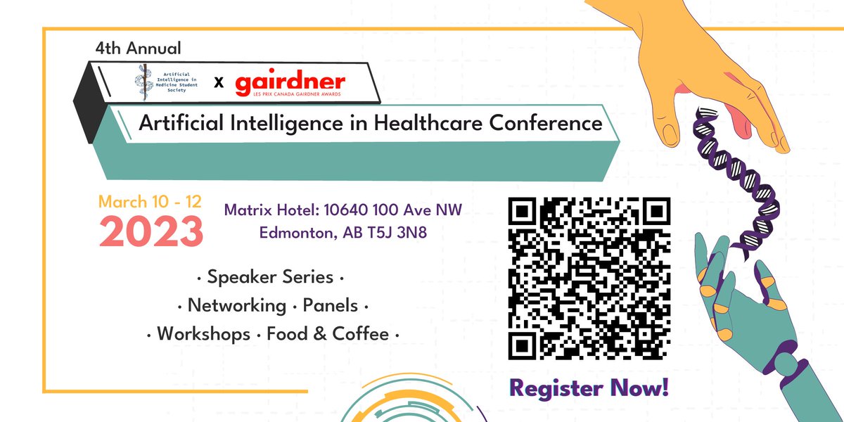 GairdnerAwards's tweet photo. AIMSS is hosting their 4th annual Artificial Intelligence in Healthcare Conference on March 10-12  ft. exciting talks by experts in #Health #AI, panel discussions, networking opportunities, career/networking fairs, workshops, and much more. 

Register ➡️ https://t.co/1cngwm69pE https://t.co/cTvTRtqD7k