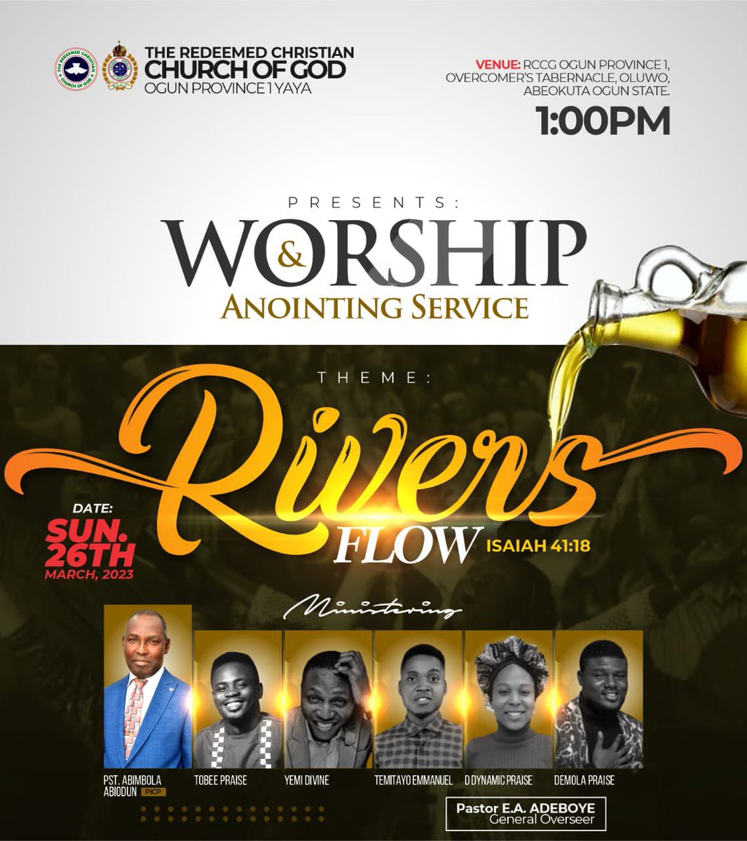 rccgogun1yaya's tweet photo. Come 26th of March, 2023
We’ll all be converging to WORSHIP AND TO BE ANOINTED.

For our worship sake, there will be anointing;
• To open rivers in high places 
• For fountains amid the valleys 
• For a pool of water in the wilderness 
• To make dry land spring of waters https://t.co/o8xIuS35qk