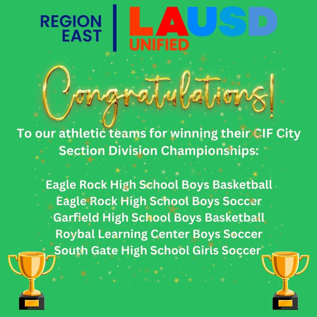 LASchoolsEast's tweet photo. Congrats to #EagleRockHighSchool Boys Basketball &amp; Soccer, #GarfieldHighSchool Boys Basketball, #RoybalLearningCenter Boys Soccer and #SouthGateHighSchool Girls Soccer teams for winning their CIF City Section Division Championships! #RegionEast is flexing in sports &amp; academics.💪🏽 https://t.co/gJ15tHPkSe