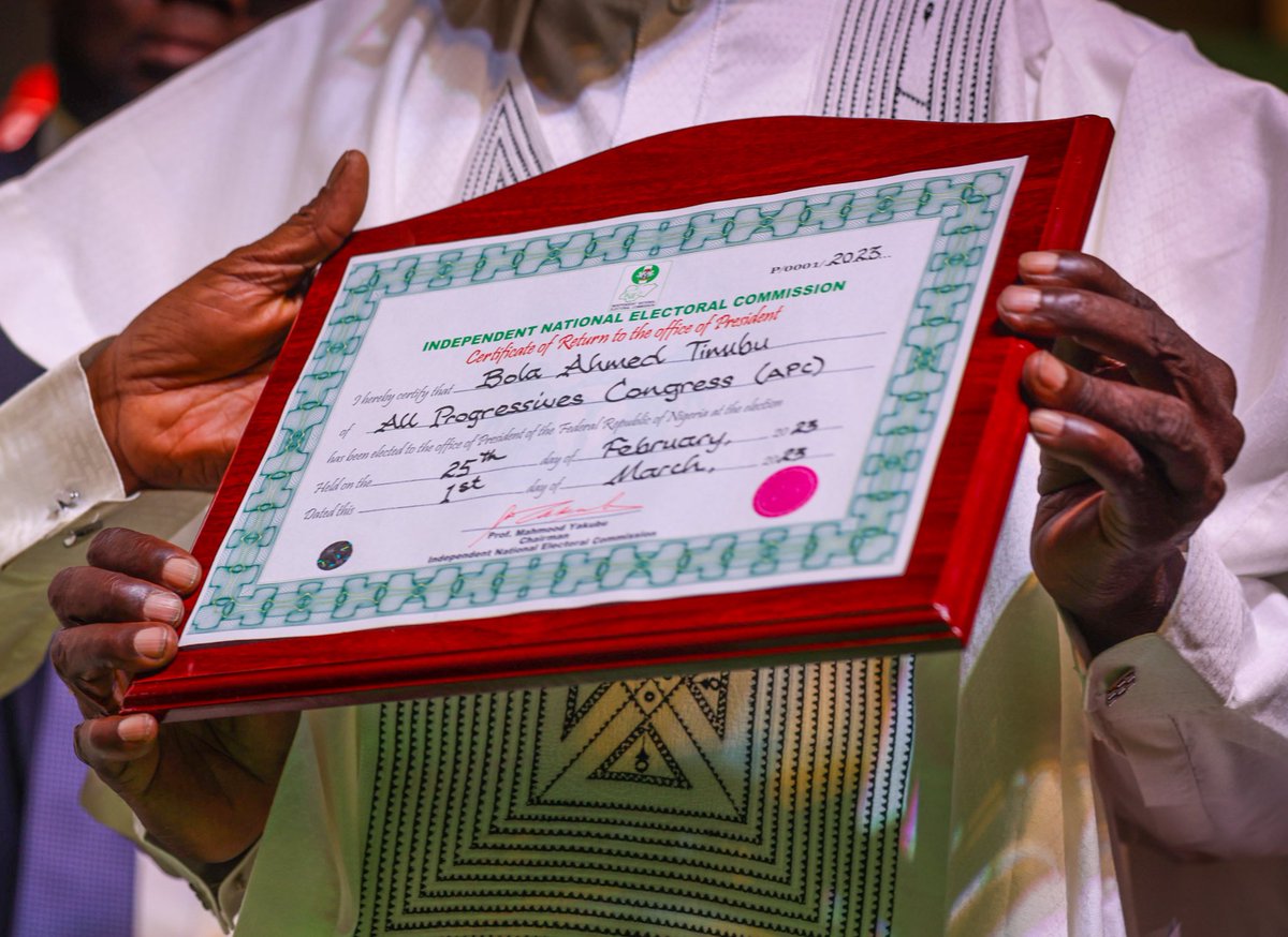 officialABAT's tweet photo. Earlier today Senator Kashim Shettima and I received our certificate of return from the Independent Nationl Electoral Commission (INEC) signifying our successful election. 
I am humbled and I pledge to work to the utmost of my ability to make Nigeria better. Thank you Nigeria! https://t.co/2f8biOfgRB