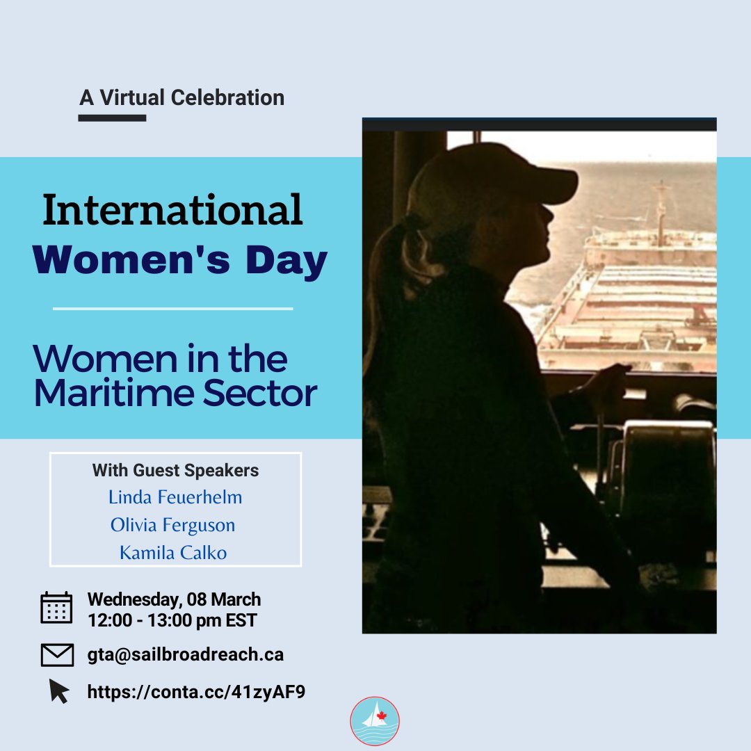 sailbroadreach's tweet photo. Join us on March 8th at 12pm for our virtual celebration of Women in the Maritime Sector - Progress, Problems and Potential, with speakers Linda Feuerhelm, Olivia Ferguson, and Kamila Calko! Register here: https://t.co/jZn12fFLpC

#internationalwomensday #sailing #women #toronto https://t.co/IHgPgrrJPR