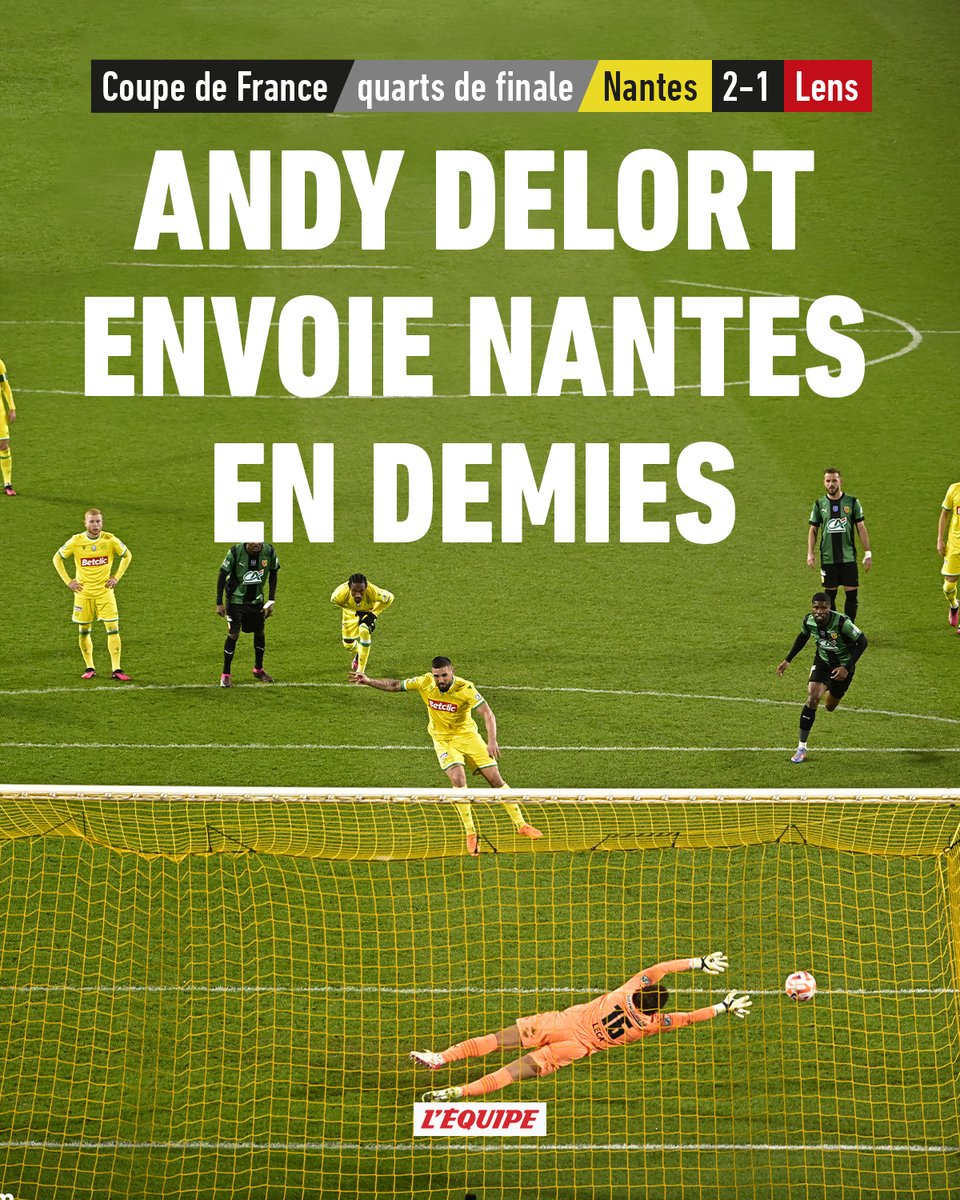 lequipe's tweet photo. Nantes renverse Lens et se qualifie en demi-finales de la Coupe de France, grâce à un doublé d'Andy Delort : https://t.co/UgqYhQ3Px7

#FCNRCL https://t.co/K31YT4eMCB