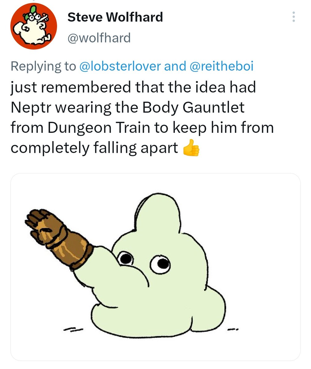 NEW unused #AdventureTime LORE!

It all started with @lobsterlover's gorgeous artwork & my comment about Neptr. 

@wolfhard replied to reveal in an early draft of the finale had BMO & Neptr with a baby together, Neptr having to perminant wear the body gauntlet to stay alive!!