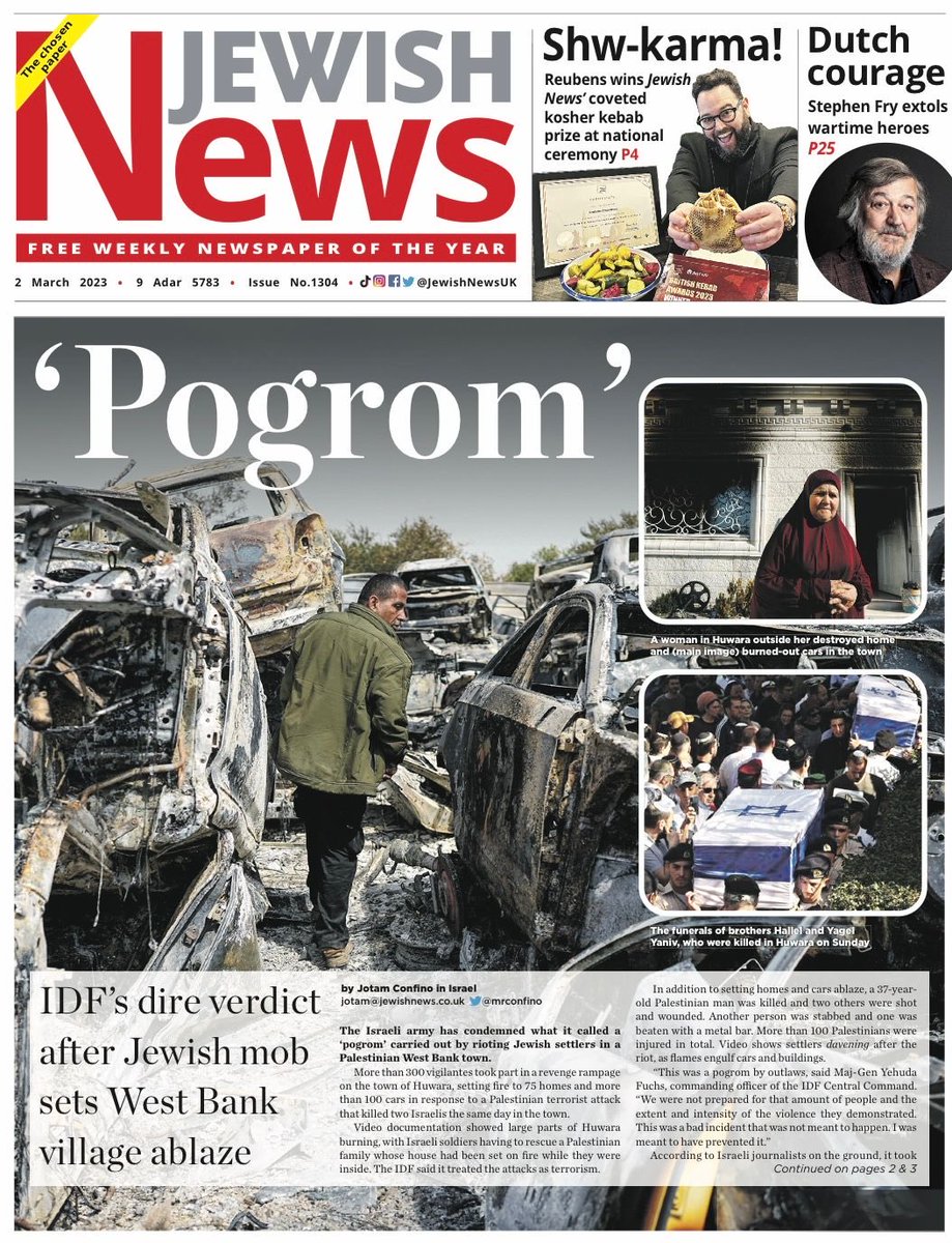 Important and courageous front page of ⁦@JewishNewsUK⁩ - “Pogrom”