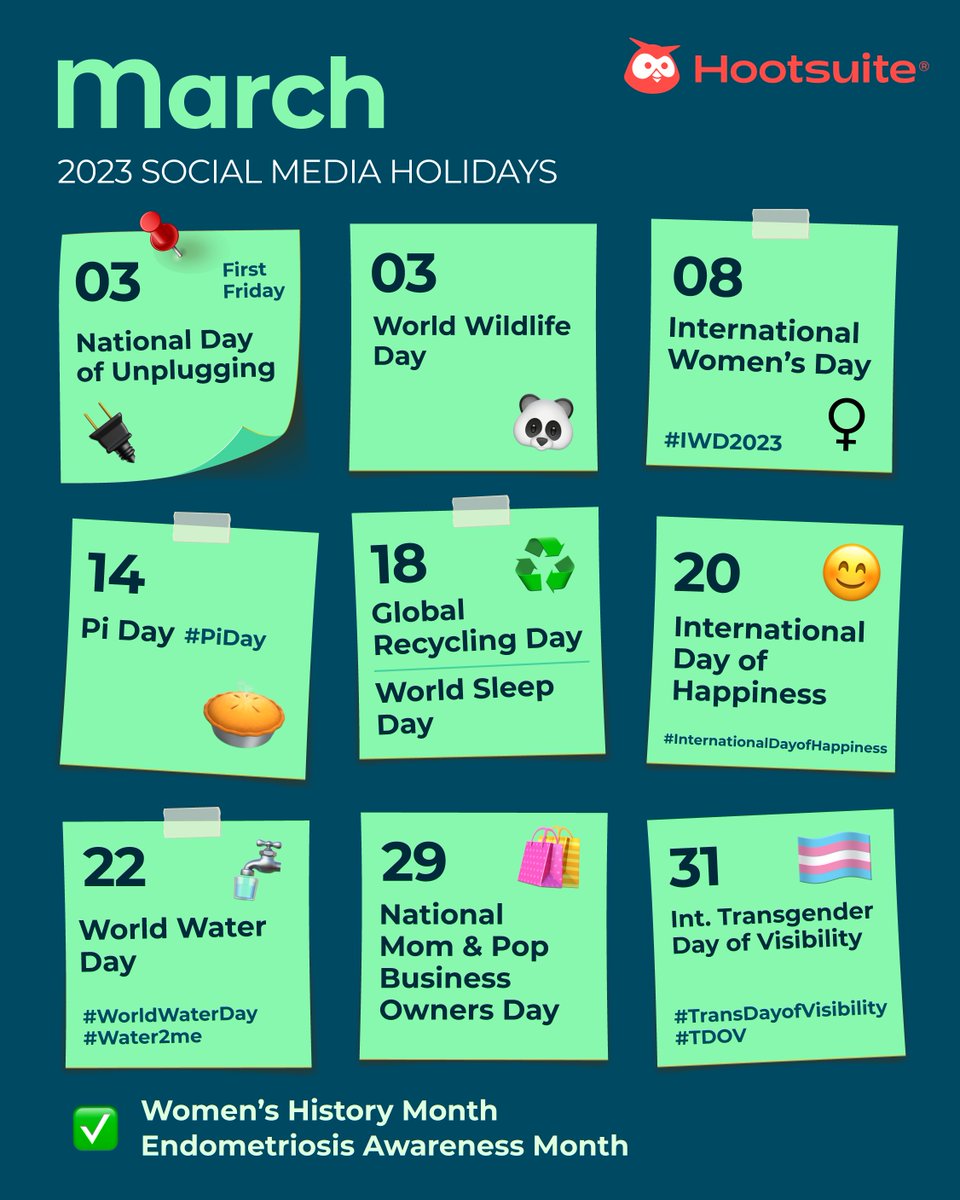 hootsuite's tweet photo. And just like that, it's already March 🫣 Now is the perfect time to start brainstorming how your brand can show up to support these dates on social 👏 

Make sure to save this post so you don't miss a single day! https://t.co/SWlzdOLZLJ