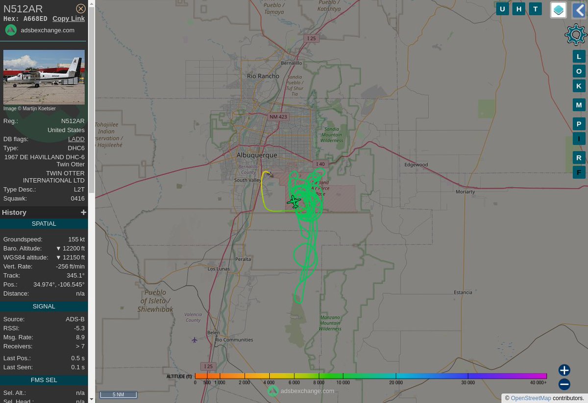 MULTI ADSBX MANOEUVRING ALERT : At time Wed Mar  1 19:02:28 2023 #N512AR   was likely to be manoeuvring at FL123 5nm from ILT Isleta_NDB_US
 near Tribal Road 602, Bernalillo County, New Mexico, Un #AvGeek #ADSB globe.adsbexchange.com/?icao=A668ED&z…