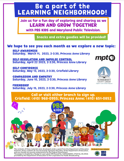 SomersetCounty1's tweet photo. Learn and grow together with PBS Kids and Maryland Public Television at the Library!
We hope to see you each month as we explore a new topic. Call or visit the Crisfield or Princess Anne libraries to sign-up. #PBSKids #MPT #learningandgrowing #learningneighborhood https://t.co/BonNPYpRVJ