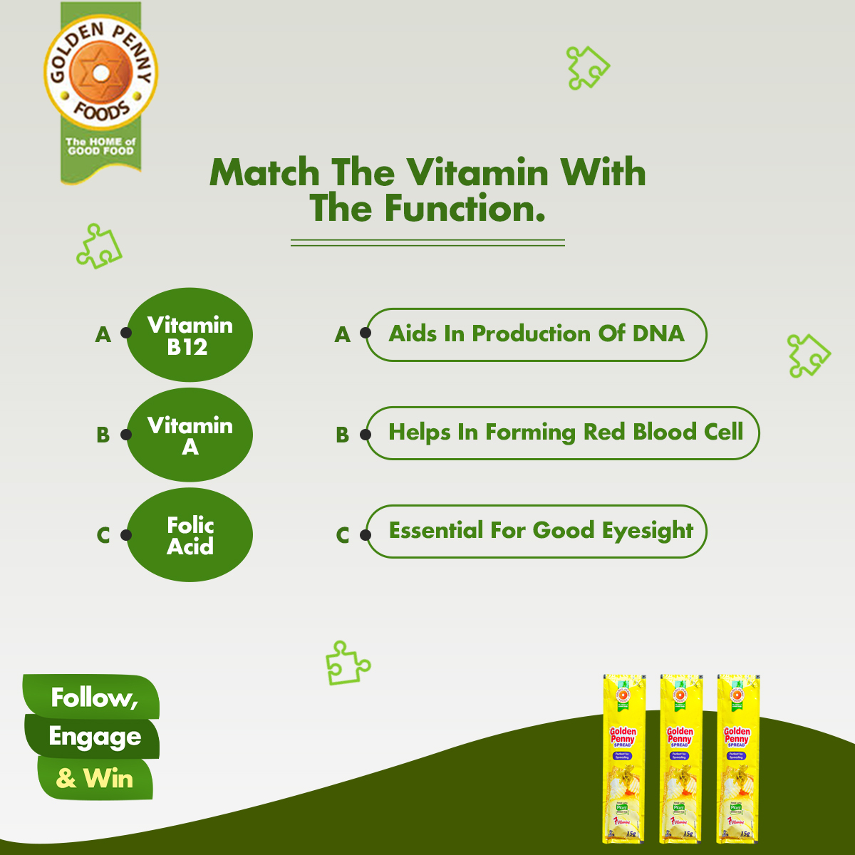 GpennySpreads's tweet image. The 7 essential vitamins contained in Golden Penny Spread perform different essential functions.

If you can match the vitamins with their functions, you could win some airtime today.

Answer AA, BB, CC, or whatever combinations of letters match.

Good luck. 

#trivia #spreadit