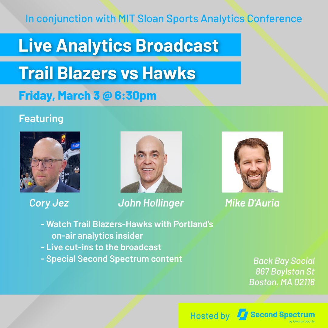 SecondSpectrum's tweet image. If you’re in town for @SloanSportsConf, watch Friday’s Trail Blazers-Hawks game with us! Stop by our event with @JezData, @johnhollinger and @mikewdauria. See our latest content and stay for live cut-ins to the @trailblazers broadcast!

6:30pm at Back Bay Social - see you there!