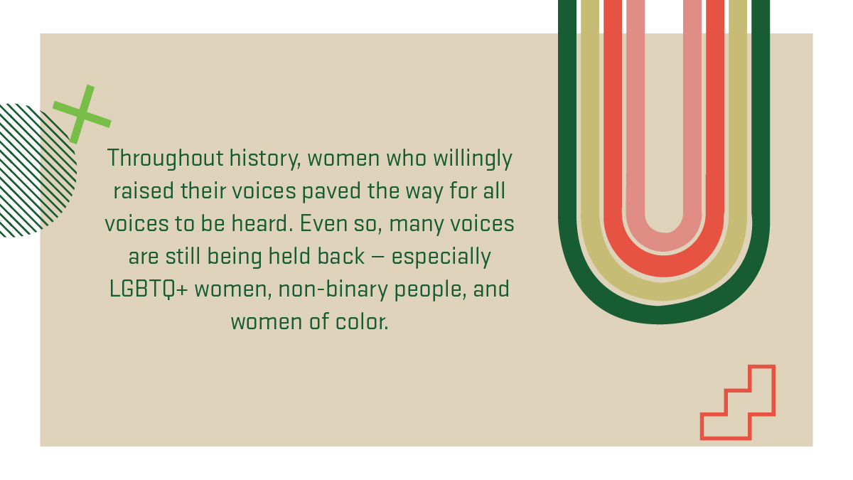 UVUWSC's tweet image. Throughout history, women who raised their voices paved the way for all voices to be heard. Even so, many voices are still being held back—especially LGBTQ+ women, non-binary people, and women of color. Join us--we still have work to do. #womenshistorymonth #aplaceforequity #uvu
