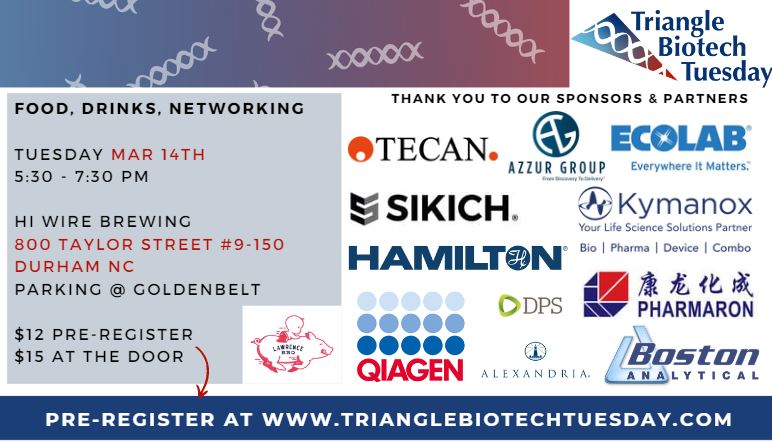 TriBiotechTues's tweet photo. Our Mar 2023 event is 03/14 at Hi Wire Brewing in Durham, from 5:30-7:30pm. Join us for networking, food, & drinks.
HT to our sponsors @Tecan_Talk, @Sikichllp #sikichtech, @AzzurGroup, @Pharmaron, @Ecolab, @Kymanox, @HamiltonRobotic, @BostAnalytical, @QIAGEN, and @DPSGroupGlobal https://t.co/OIeX63qOcT