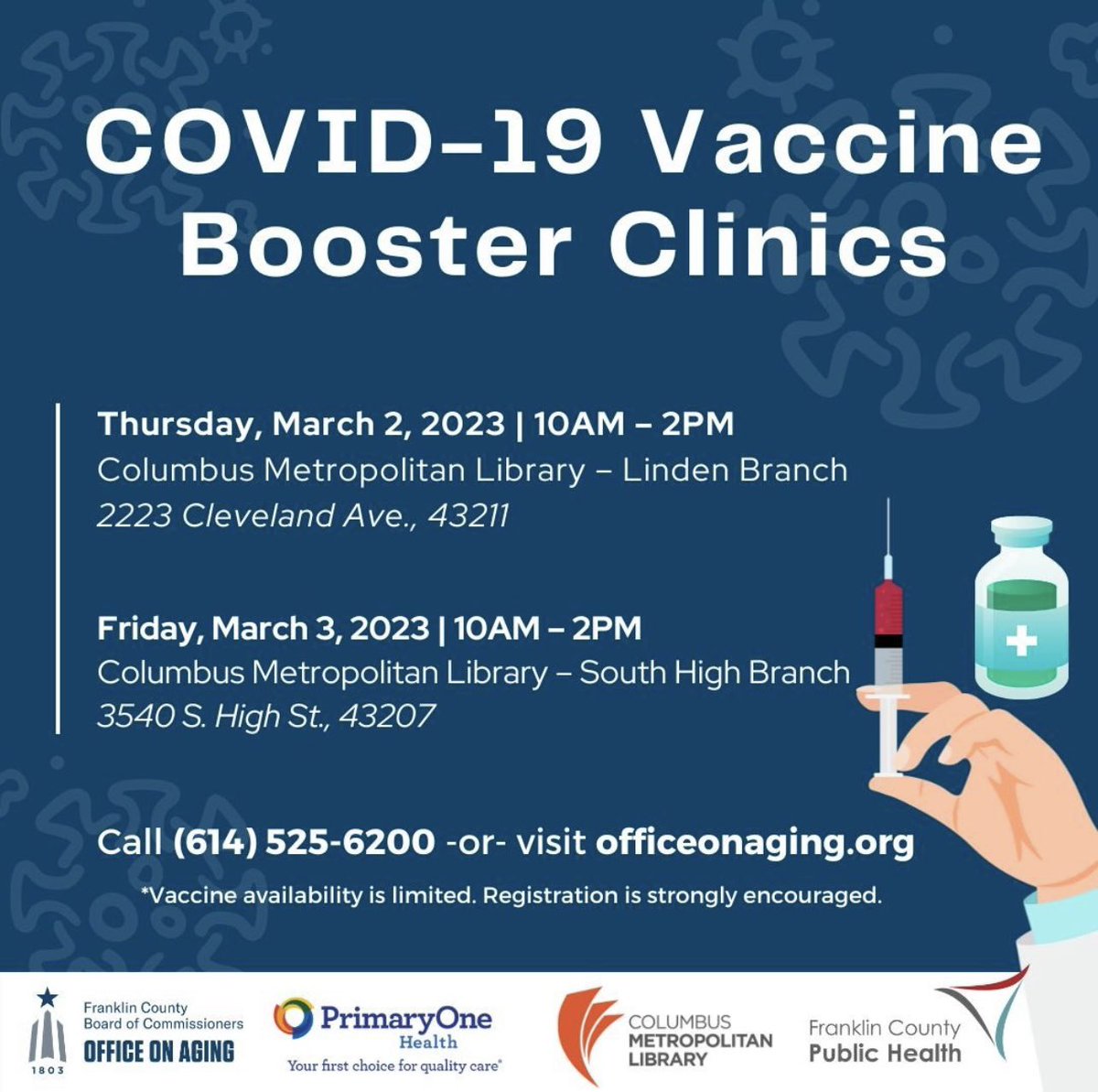 This week residents can schedule COVID-19 Booster appointments by visiting the link or by calling the Franklin County Office on Aging at (614) 525-6200 for assistance. Registration is strongly encouraged due to limited availability. #EveryResidentEveryDay
