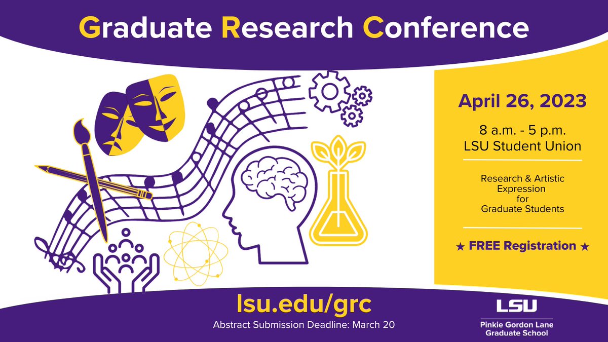 The first annual Graduate Research Conference (GRC) will be held on April 26 in the LSU Student Union from 8:00 a.m. to 5:00 p.m. The GRC is an event for LSU masters and doctoral students across all disciplines. Registration is free at lsu.edu/grc. #LSUGRC2023