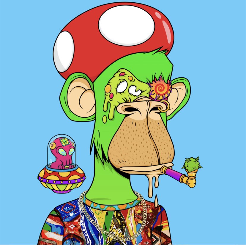 Some call him super mushroom man but he a simple PAD.  Cap hat and notorious T.  A green guy seeing with undead eyes.  He’s on a zoid trip through blue skies. Not mad, not sad, not sly but high 

<a href="/PsychonautApeD/">Psychonaut Ape Division</a> 
Artist <a href="/WoahJonny/">Woah Jonny</a>