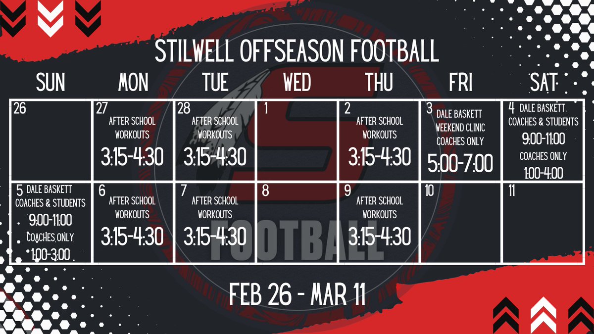 StilwellOKHSFB's tweet photo. Parents and Players,

Here is our two week snap shot. 
Afterschool workouts run from 3:15 to 4:30 Mon, Tue, and Thur. 

Please bring athletic clothing to lift in after school.

#ForTheTribe https://t.co/sO7wsdsfi9