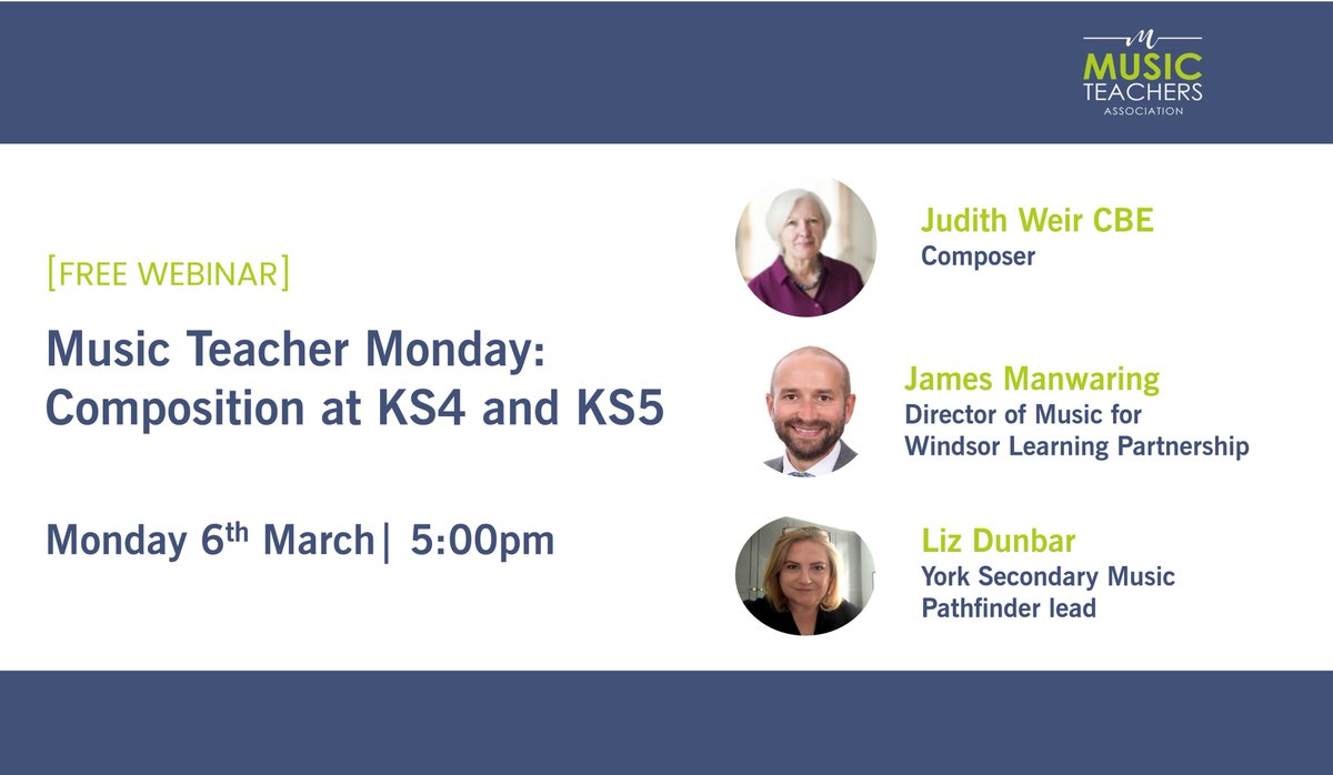 Thrilled to be joined by Judith Weir CBE next Monday 6th March looking at Composition at KS4 and KS5. Hosted by <a href="/jpmanwaring/">James Manwaring</a>  and Liz from <a href="/HuntSchoolMusic/">Huntington School Music Department, York</a>. 
Register for your free place: 🎟️tinyurl.com/yddfhp9t