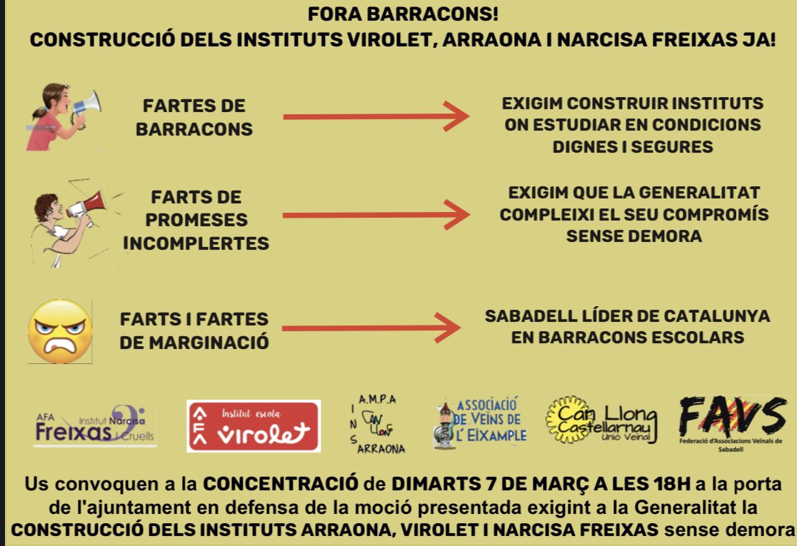 🔊Us convoquem a la CONCENTRACIÓ de DIMARTS 7 DE MARÇ A LES 18h a la porta de l’Ajuntament en defensa de la Moció presentada, exigint a la <a href="/govern/">Govern de Catalunya</a> la CONSTRUCCIÓ DELS INSTITUTS VIROLET,ARRAONA I NARCISA FREIXES sense demora.
FORA BARRACONS‼️
EXIGIM CONDICIONS DIGNES I SEGURES‼️