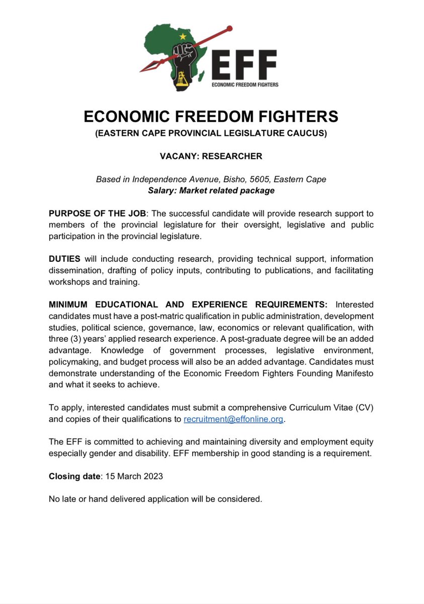 EFFEASTERNCAPE_'s tweet photo. ♦️Job Alert♦️

The EFF Eastern Cape is looking for researcher who will be conducting research, providing technical support, information dissemination, drafting of policy inputs, contributing to publications, and facilitating workshops and training.

#EFFTurns10
#EFFJobs https://t.co/lMU7WqU9GP