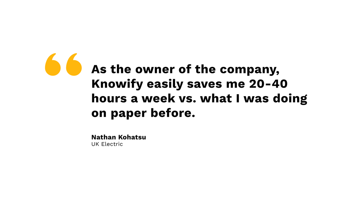 knowify's tweet photo. “Knowify is the main reason we’ve grown so much in the last few years. As the owner of the company–it easily saves me 20-40 hours a week vs. what I was doing on paper before.”

Thank you for sharing your experience, Nathan!

#knowify #electricalcontractor #electricalwork https://t.co/r5Q7EfePkr